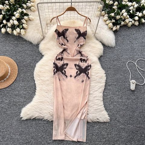 Butterfly Printed Mesh Slip Dress