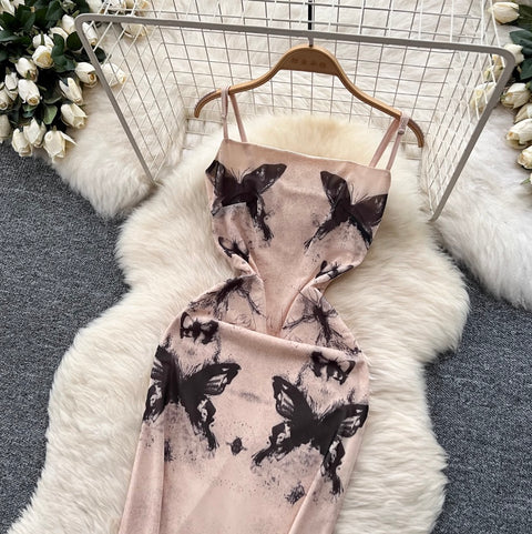 Butterfly Printed Mesh Slip Dress