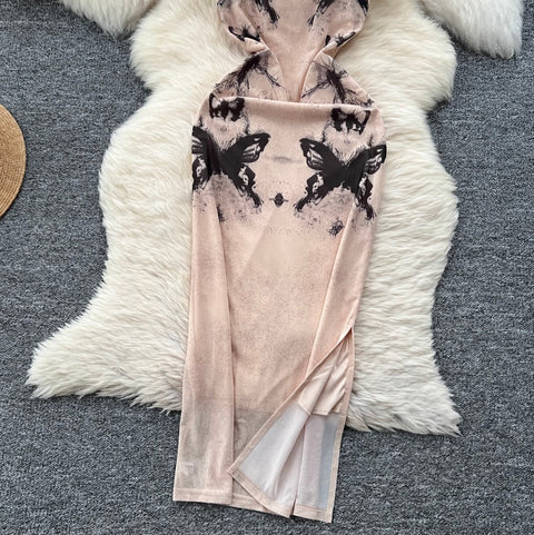 Butterfly Printed Mesh Slip Dress