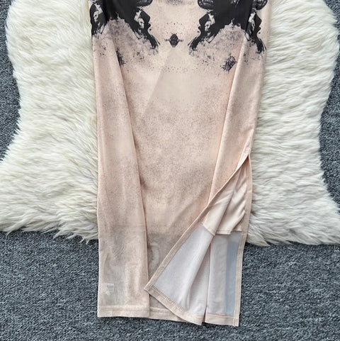 Butterfly Printed Mesh Slip Dress