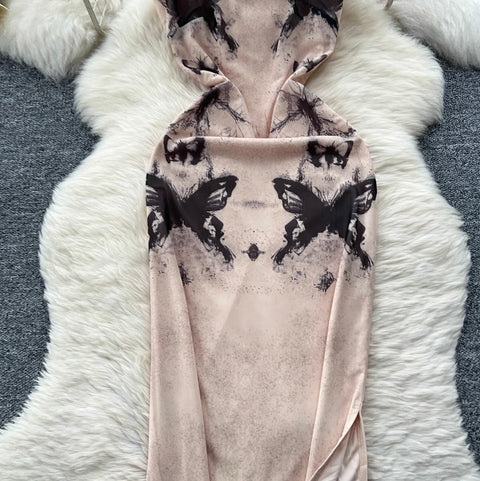 Butterfly Printed Mesh Slip Dress