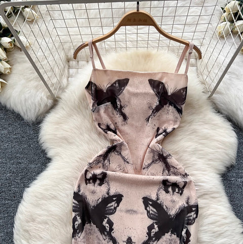 Butterfly Printed Mesh Slip Dress