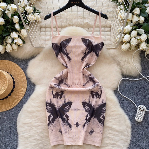 Butterfly Printed Mesh Slip Dress