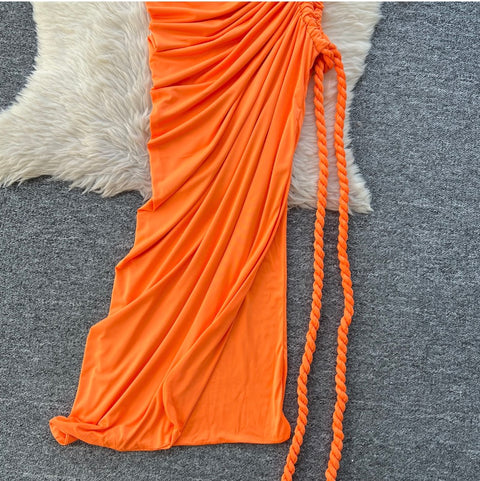 Slant Neckline Pleated Patchwork Dress