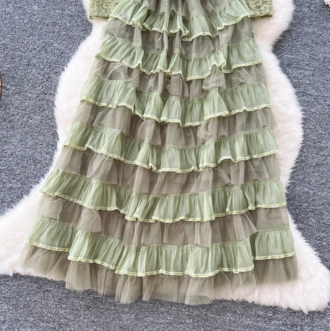 Off-shoulder Puffy Layered Lace Dress