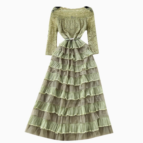Off-shoulder Puffy Layered Lace Dress