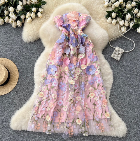 Embroidered Floral Mesh Bustier Dress