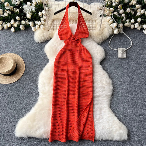 V-neck Hollowed Knit Halter Dress