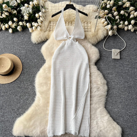 V-neck Hollowed Knit Halter Dress
