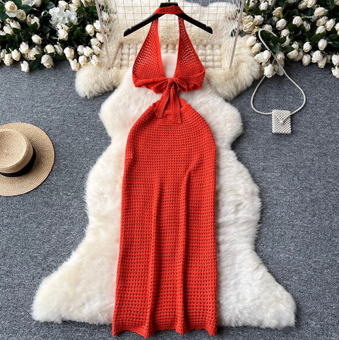 V-neck Hollowed Knit Halter Dress