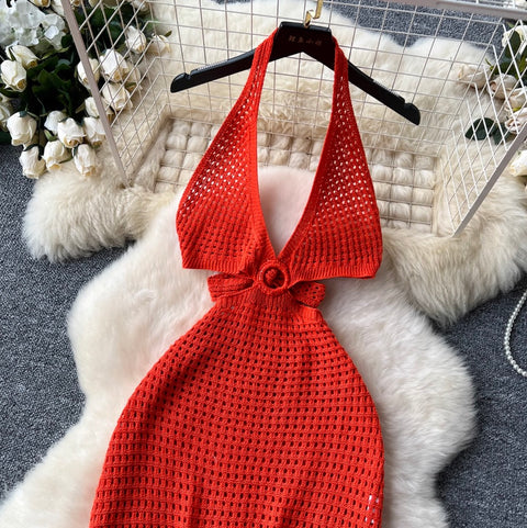 V-neck Hollowed Knit Halter Dress