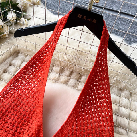 V-neck Hollowed Knit Halter Dress