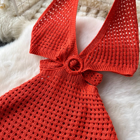 V-neck Hollowed Knit Halter Dress