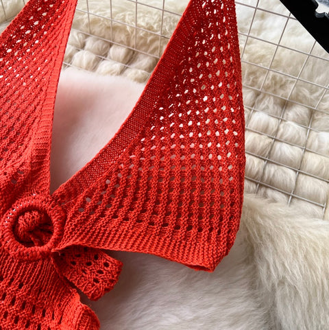 V-neck Hollowed Knit Halter Dress