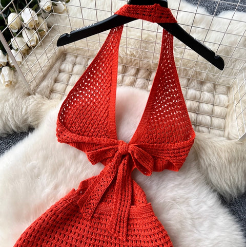 V-neck Hollowed Knit Halter Dress