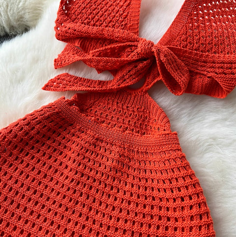 V-neck Hollowed Knit Halter Dress