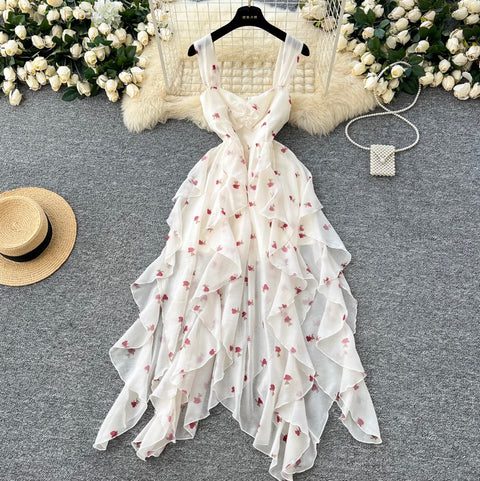 French Style Printed Chiffon Slip Dress