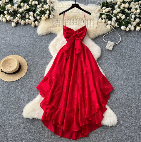 French Style Bow-tie Glossy Slip Dress