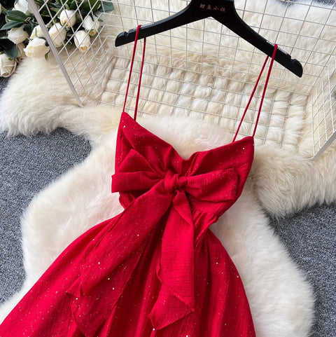 French Style Bow-tie Glossy Slip Dress