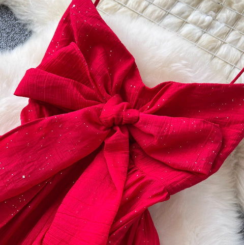 French Style Bow-tie Glossy Slip Dress