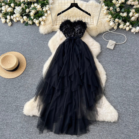 Sequined Furry Puffy Slip Dress