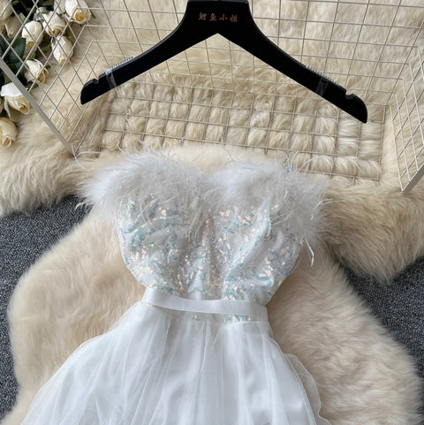Sequined Furry Puffy Slip Dress