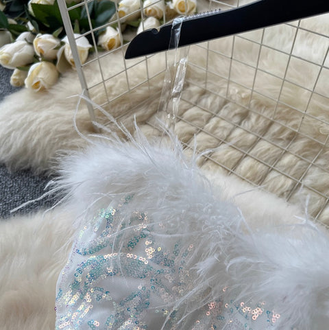 Sequined Furry Puffy Slip Dress