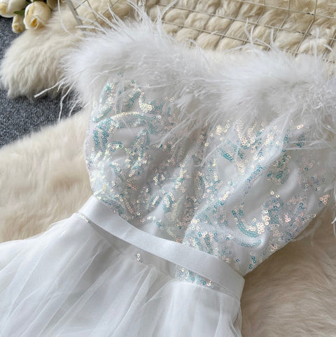 Sequined Furry Puffy Slip Dress