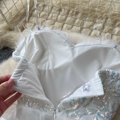 Sequined Furry Puffy Slip Dress