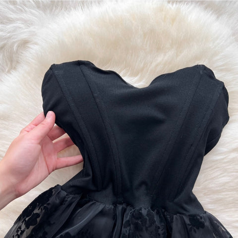 Flocked Print Black Bustier Dress