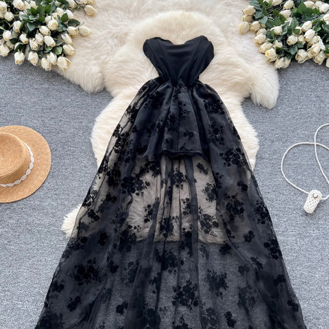 Flocked Print Black Bustier Dress