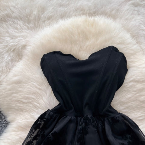 Flocked Print Black Bustier Dress