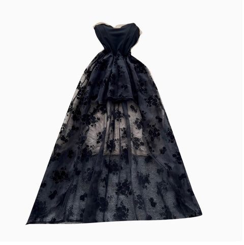 Flocked Print Black Bustier Dress