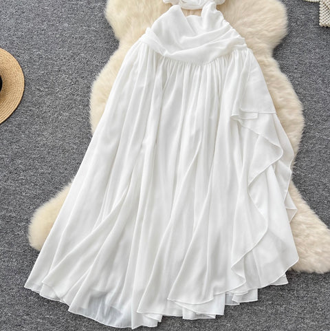 Slant Neckline White Chiffon Dress