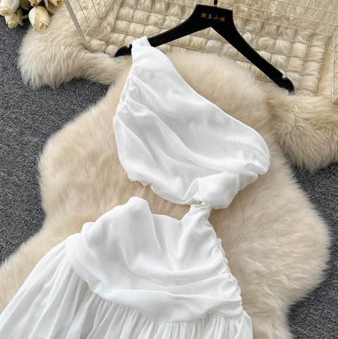 Slant Neckline White Chiffon Dress