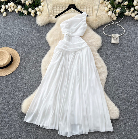 Slant Neckline White Chiffon Dress