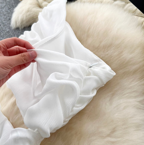 Slant Neckline White Chiffon Dress