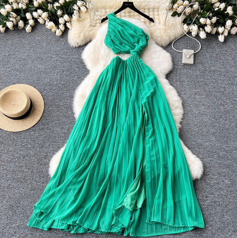 Slant Neckline Green Hollowed Dress