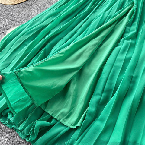 Slant Neckline Green Hollowed Dress