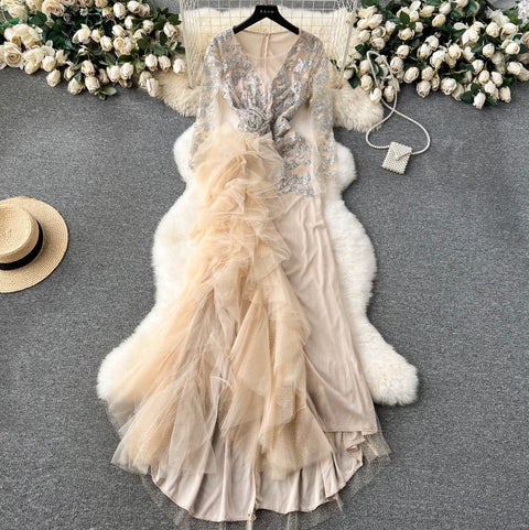 Premium Sequined Ruffled Mesh Dress