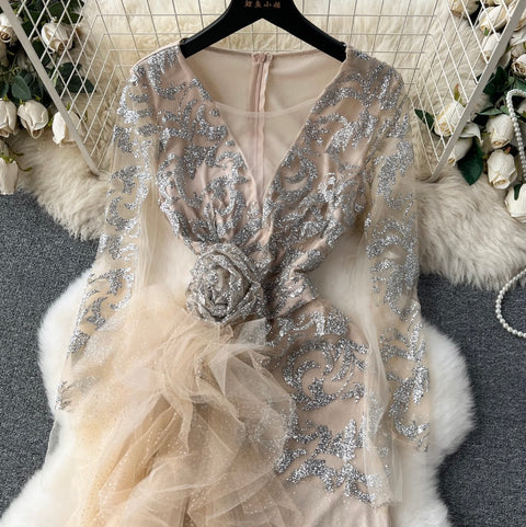 Premium Sequined Ruffled Mesh Dress