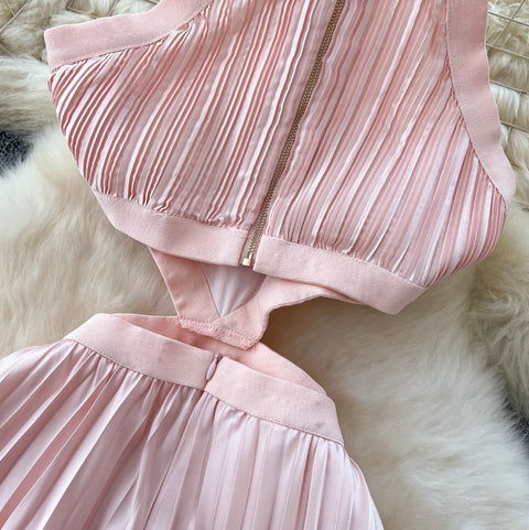 Hollowed Pink Stain Halter Dress