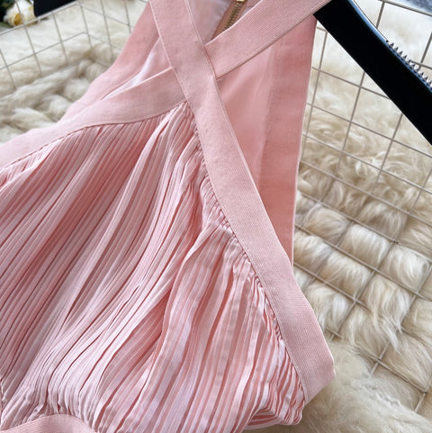 Hollowed Pink Stain Halter Dress
