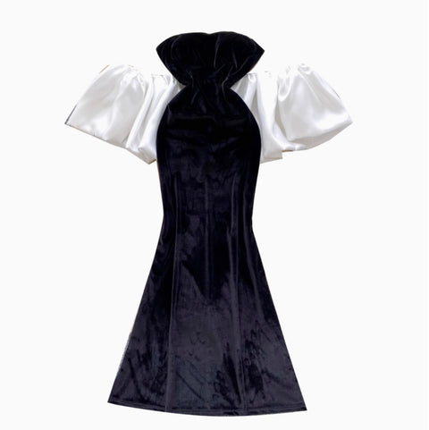 Black Suede Dress with White Shawl