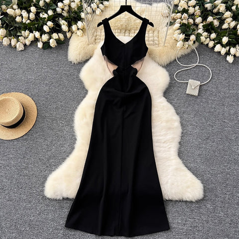 See-through Mesh Patchwork Black Dress