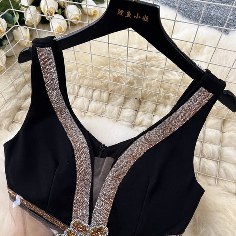 See-through Mesh Patchwork Black Dress