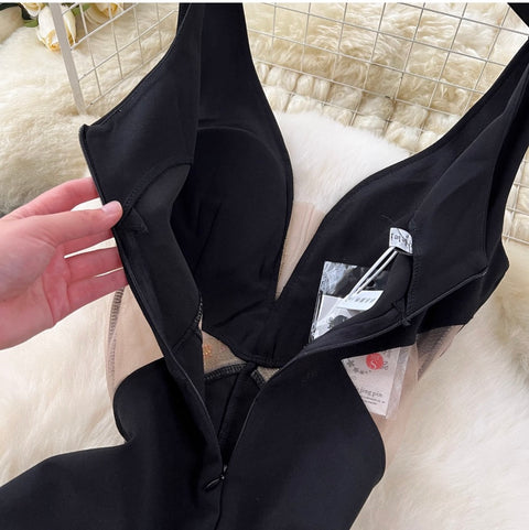 See-through Mesh Patchwork Black Dress