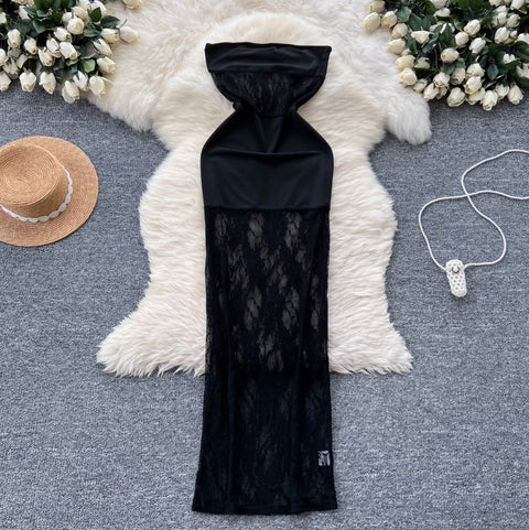 Off-shoulder Black Lace Patchwork Dress