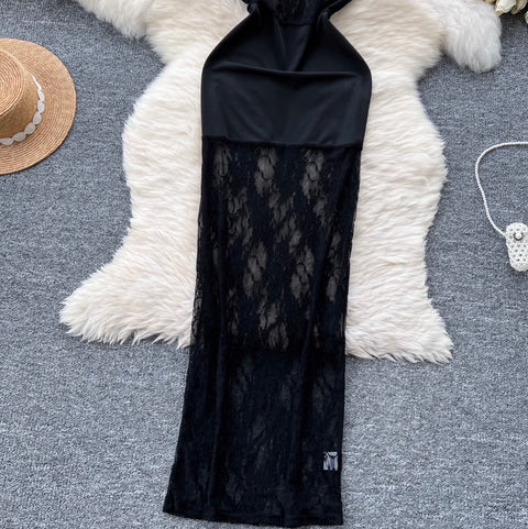 Off-shoulder Black Lace Patchwork Dress