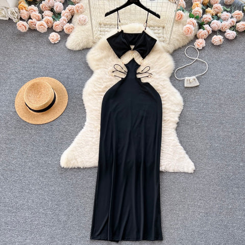 Hollow Circle Waistless Black Halter Dress